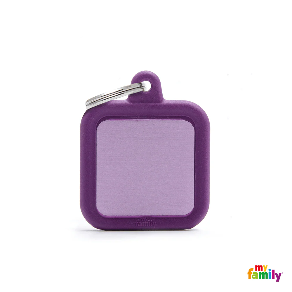 MYFAMILY ID TAG - HUSHTAG COLLECTION - ALUMINIUM PURPLE SQUARE WITH PURPLE RUBBER