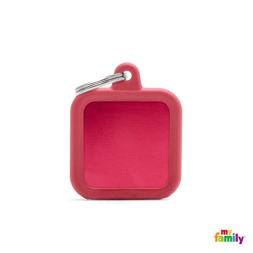 MYFAMILY ID TAG - HUSHTAG COLLECTION - ALUMINIUM RED SQUARE WITH RED RUBBER