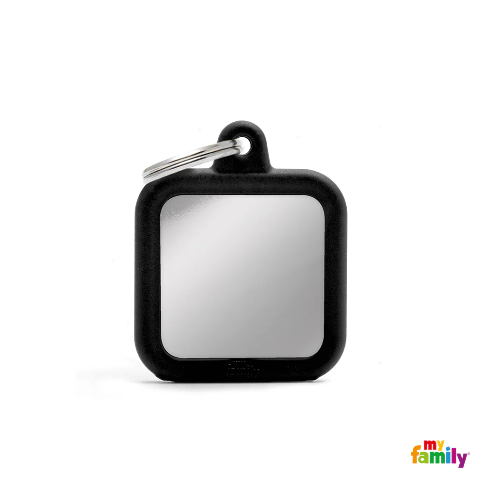 MYFAMILY ID TAG - HUSHTAG COLLECTION - CHROMED SQUARE WITH BLACK RUBBER